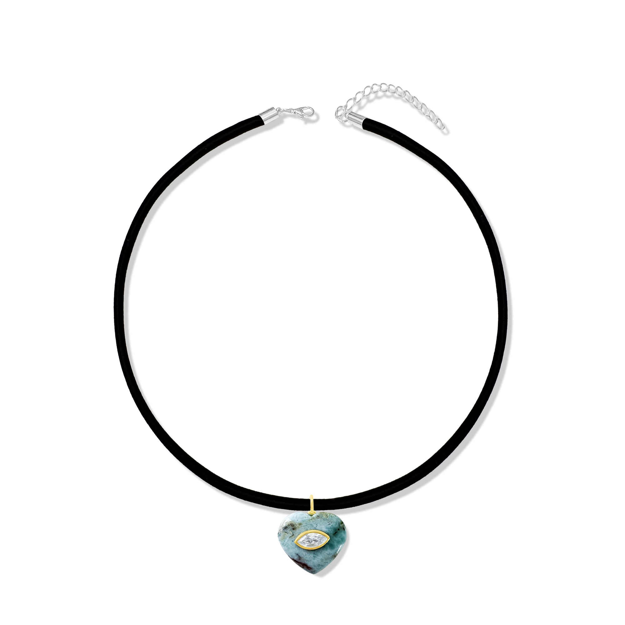 Thin Black Silk Cord Choker With Turquoise Heart Charm