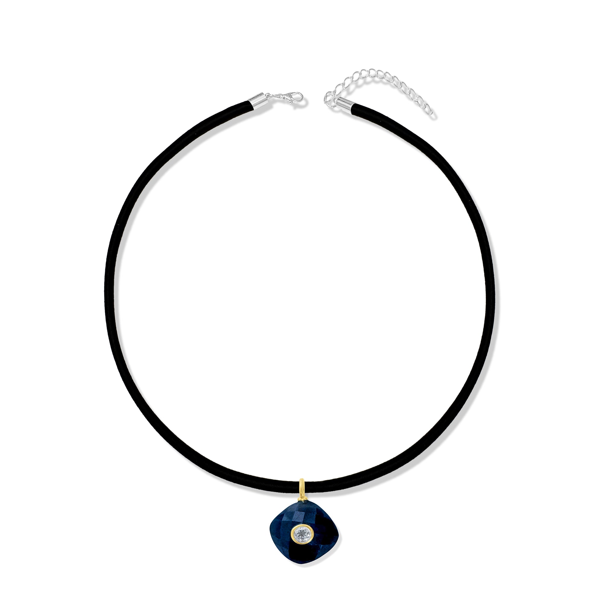 Thin Black Silk Cord Choker With Sapphire Charm