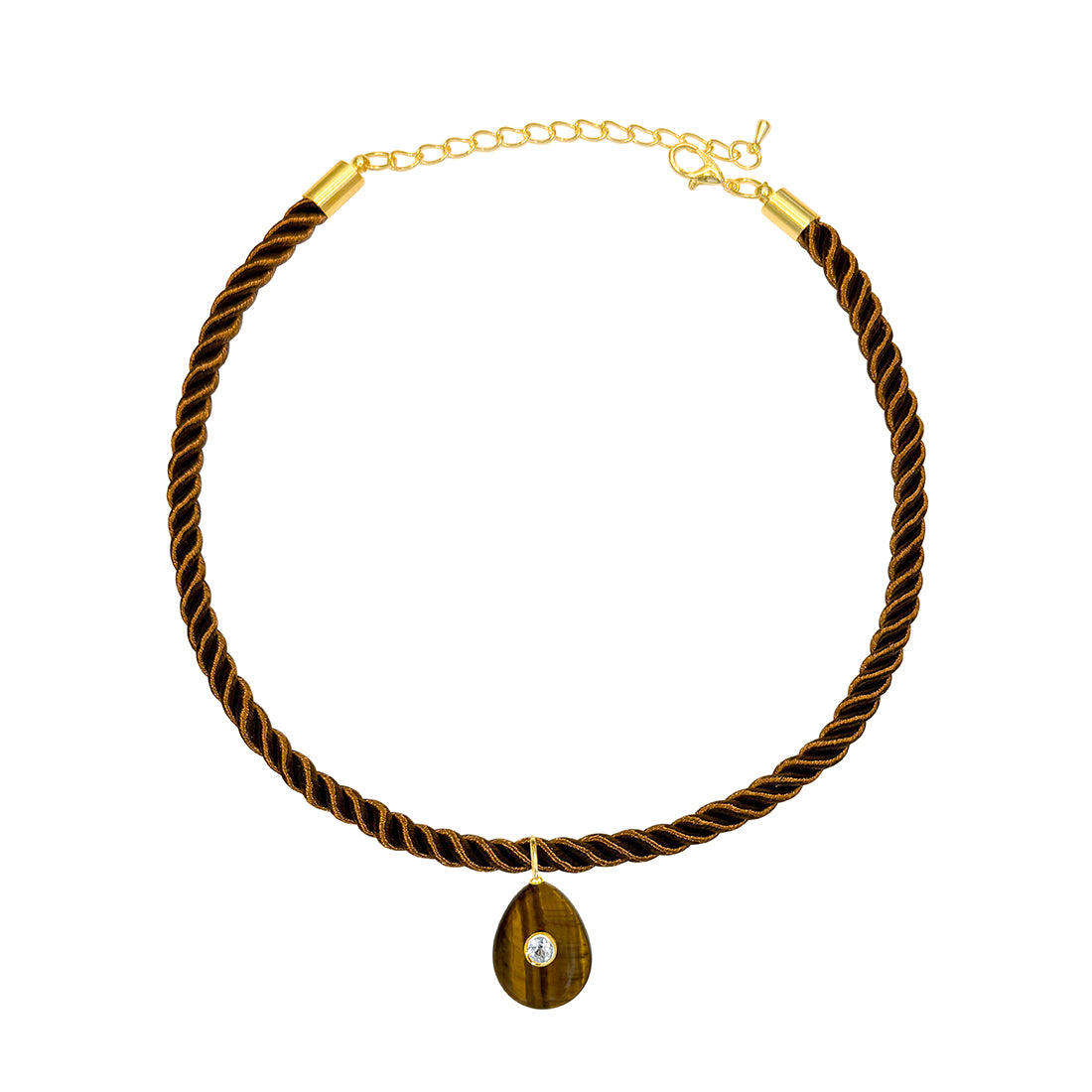 Brown Braided Silk Cord Choker with Tiger Eye Drop Pendant