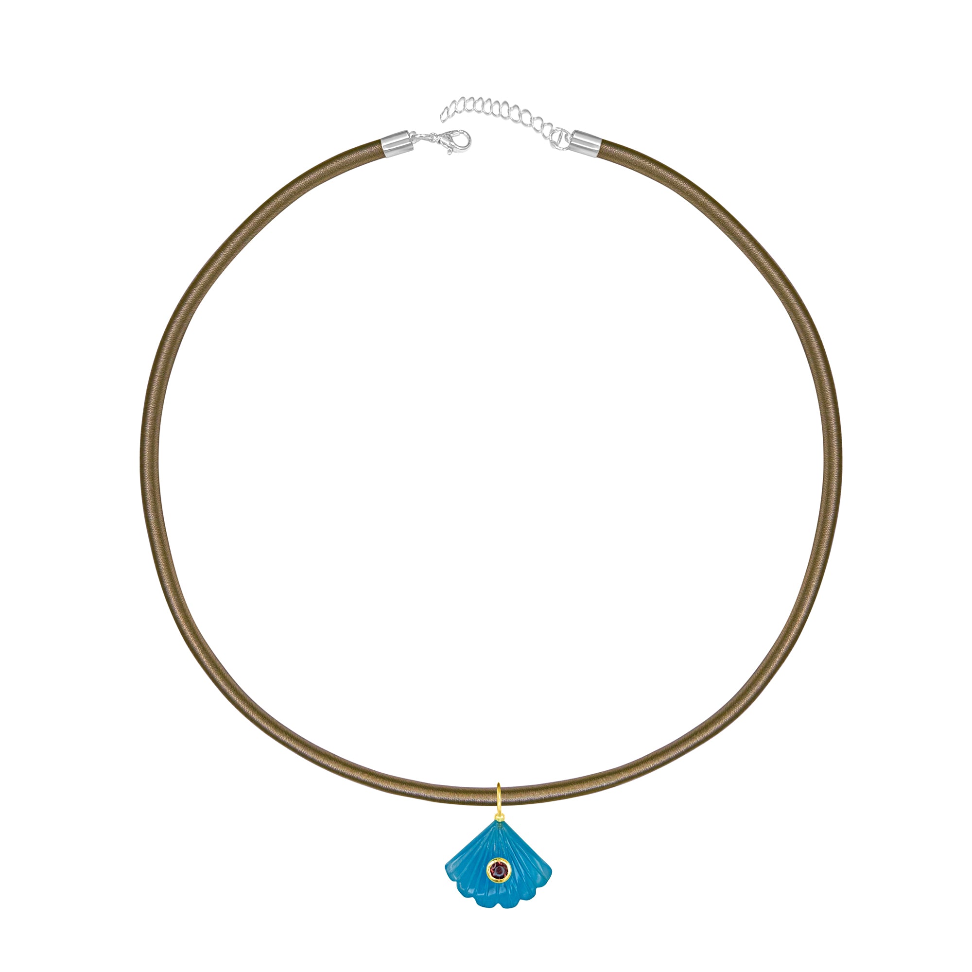 Thin Champagne Silk Cord Choker with Blue Agate Carved Shell Charm