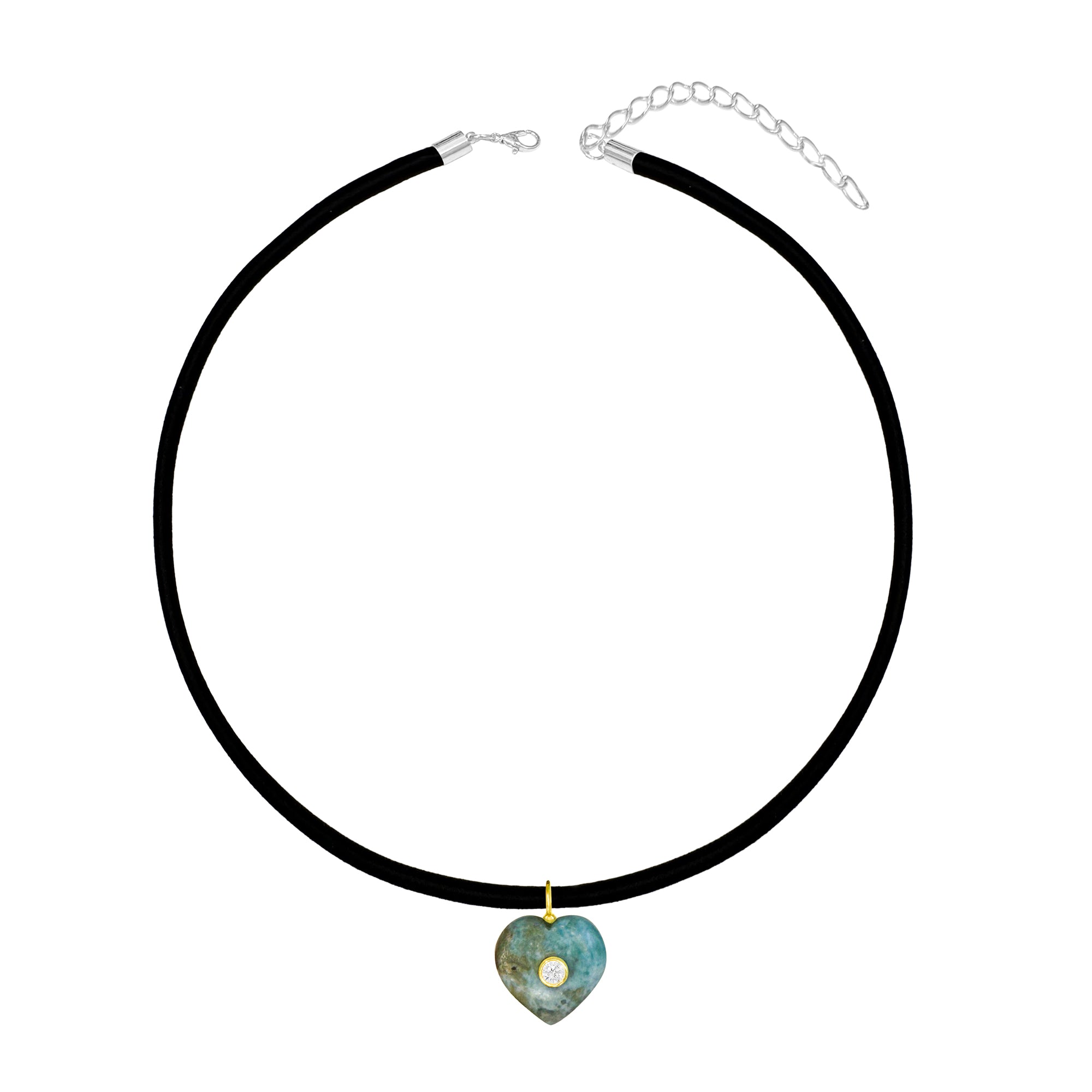 Thin Black Silk Cord Choker With Light Turquoise Heart Charm
