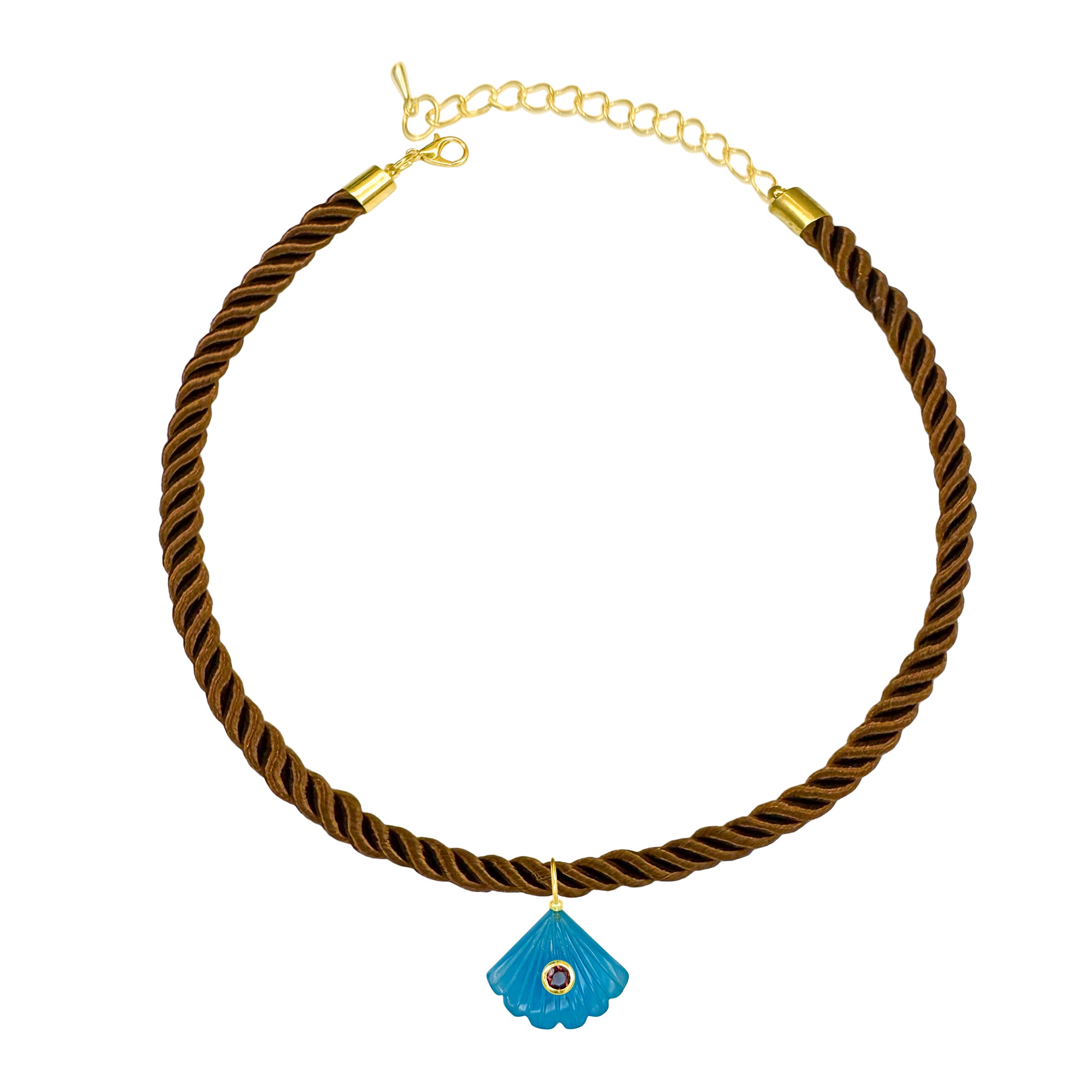 Chocolate Silk Braided Cord Choker With Blue Agate Carved Shell Charm