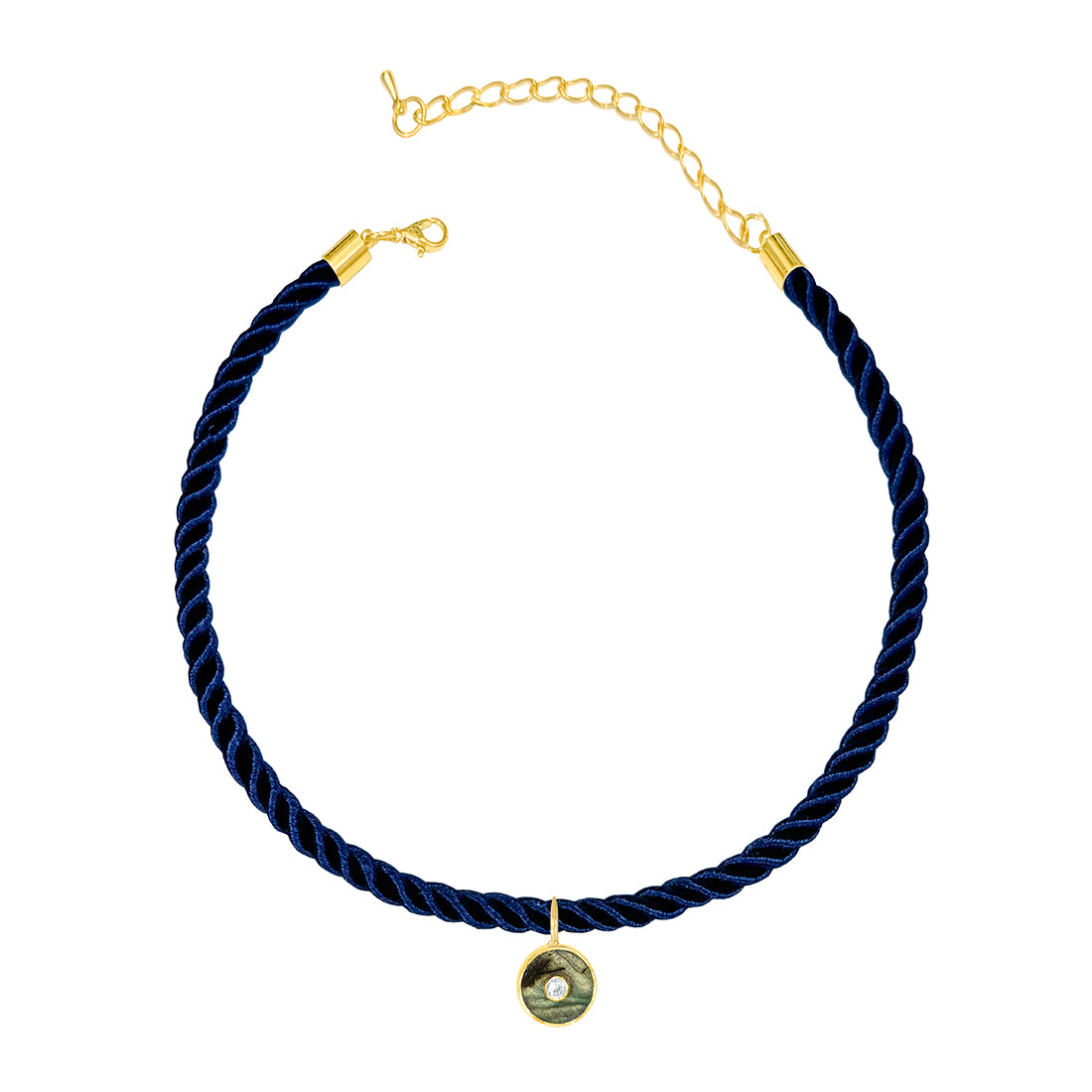 Navy Braided Silk Cord Choker with Labrodorite Round Pendant