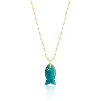 Aquamarine Fish Charm on Gold Plated and Pearl Chain