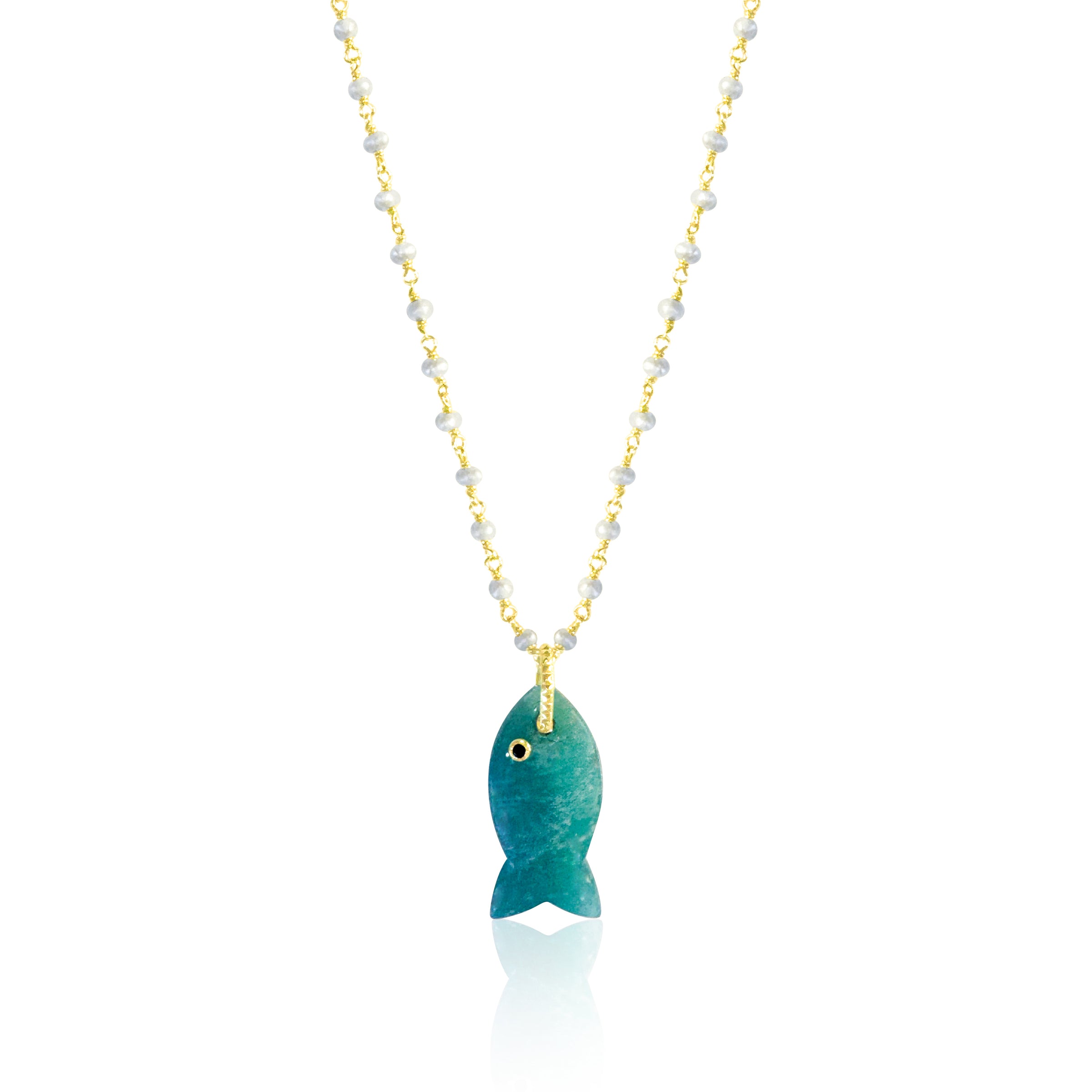 Aquamarine Fish Charm on Gold Plated and Pearl Chain