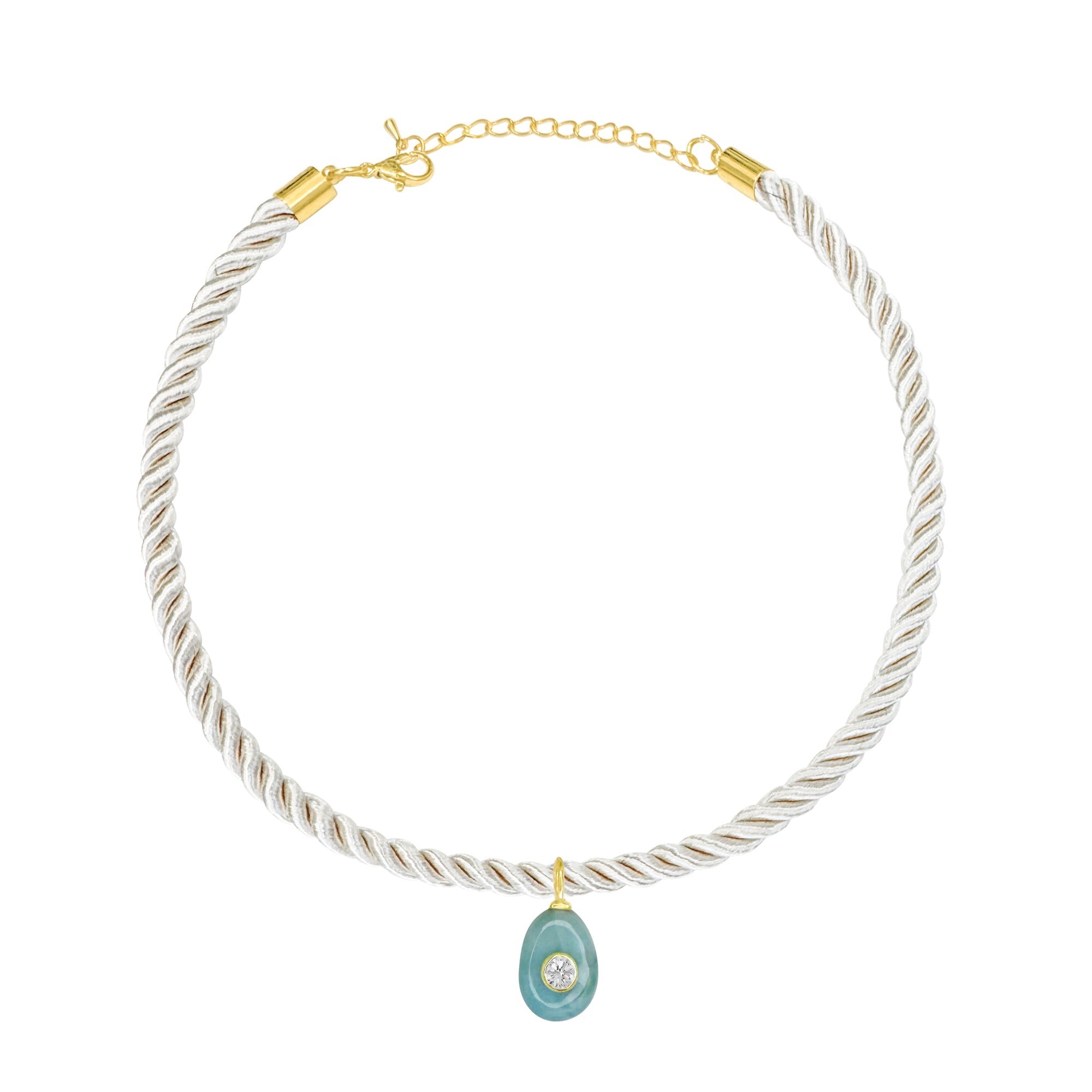 Cream Braided Silk Cord Choker With Milky Aqua Charm