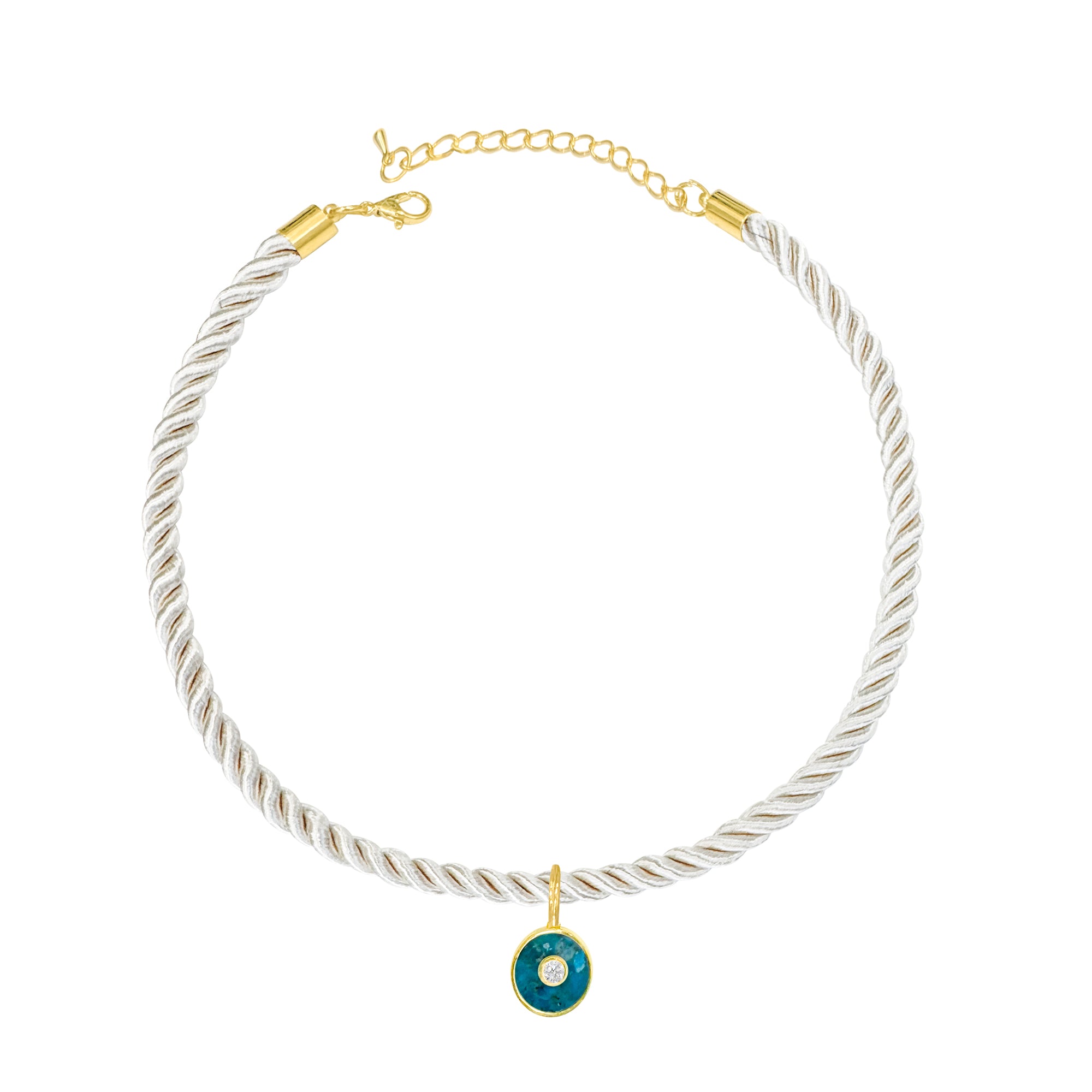 Cream Braided Silk Cord Choker With Turquoise Disc Charm