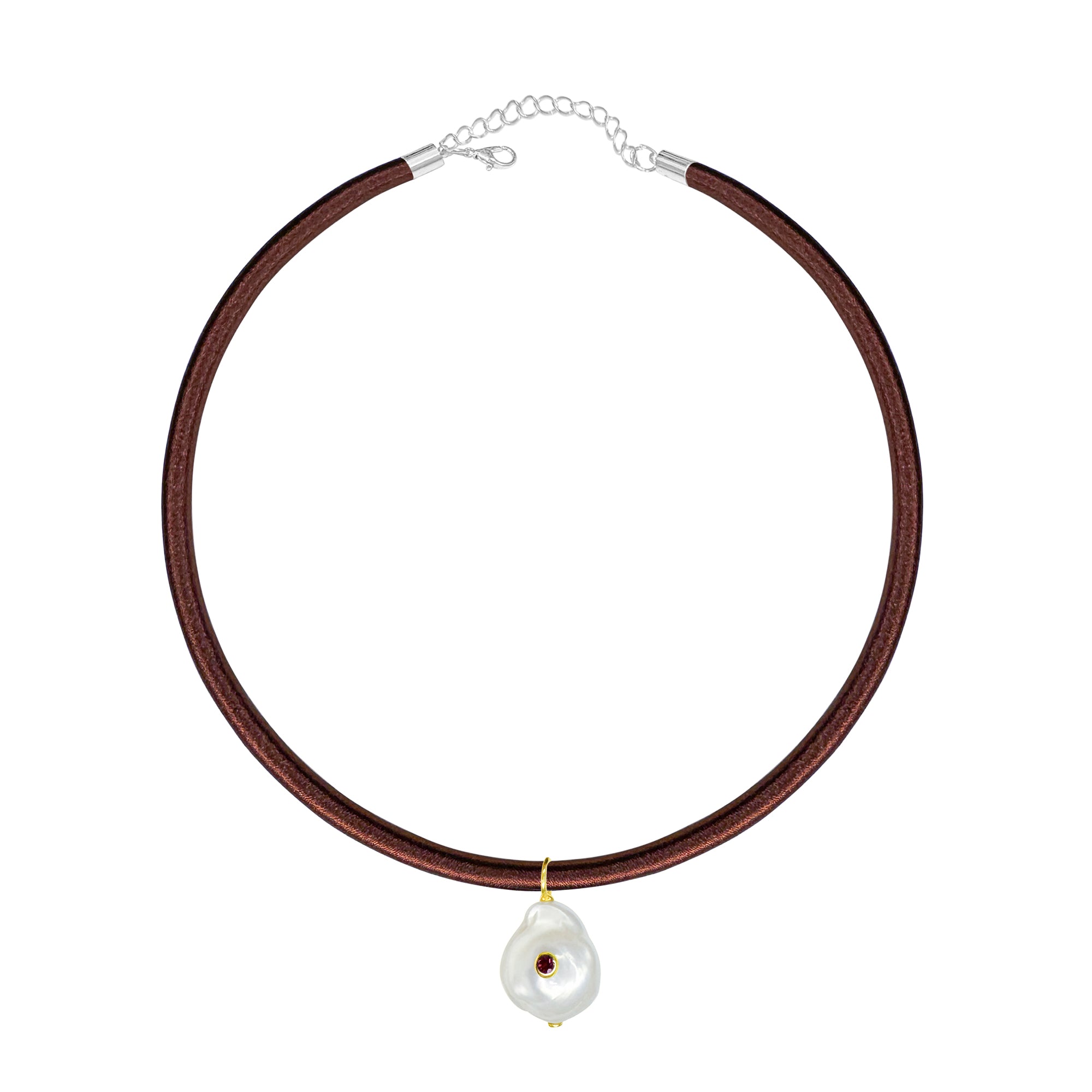Chocolate Brown Silk Cord Choker With Organic Pearl Charm