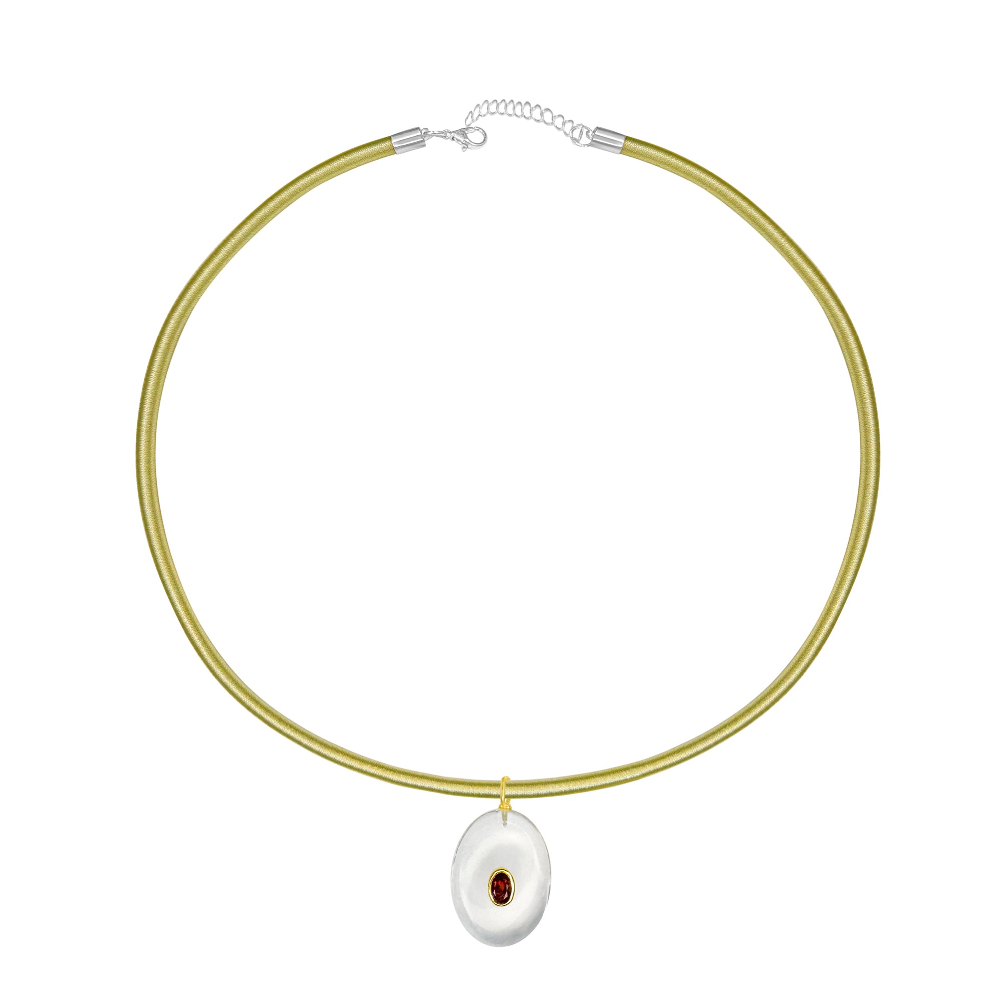 Thin Gold Silk Cord Choker with Clear Bead with Red Gemstone Inlay