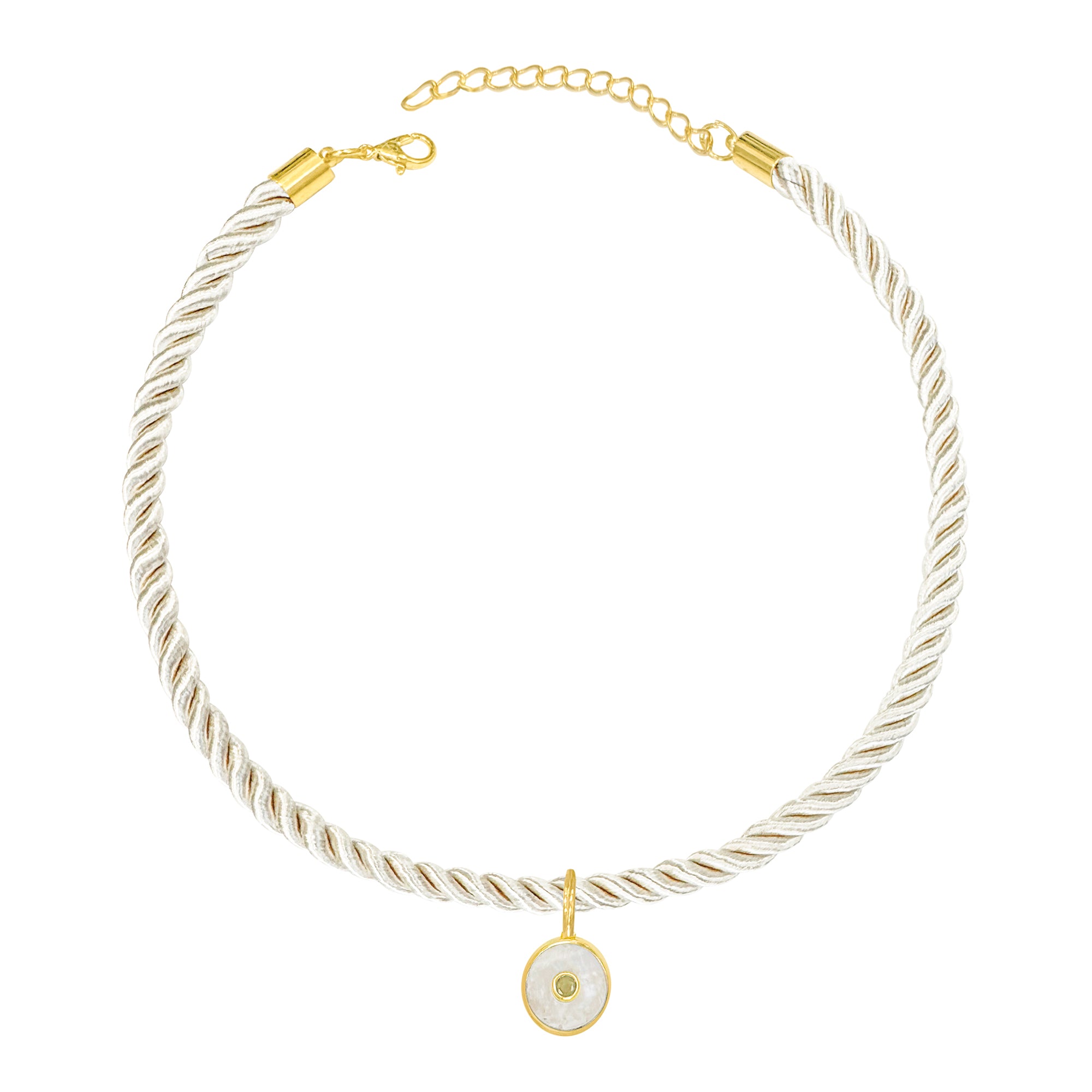 Cream Braided Silk Cord Choker With Moonstone Disc