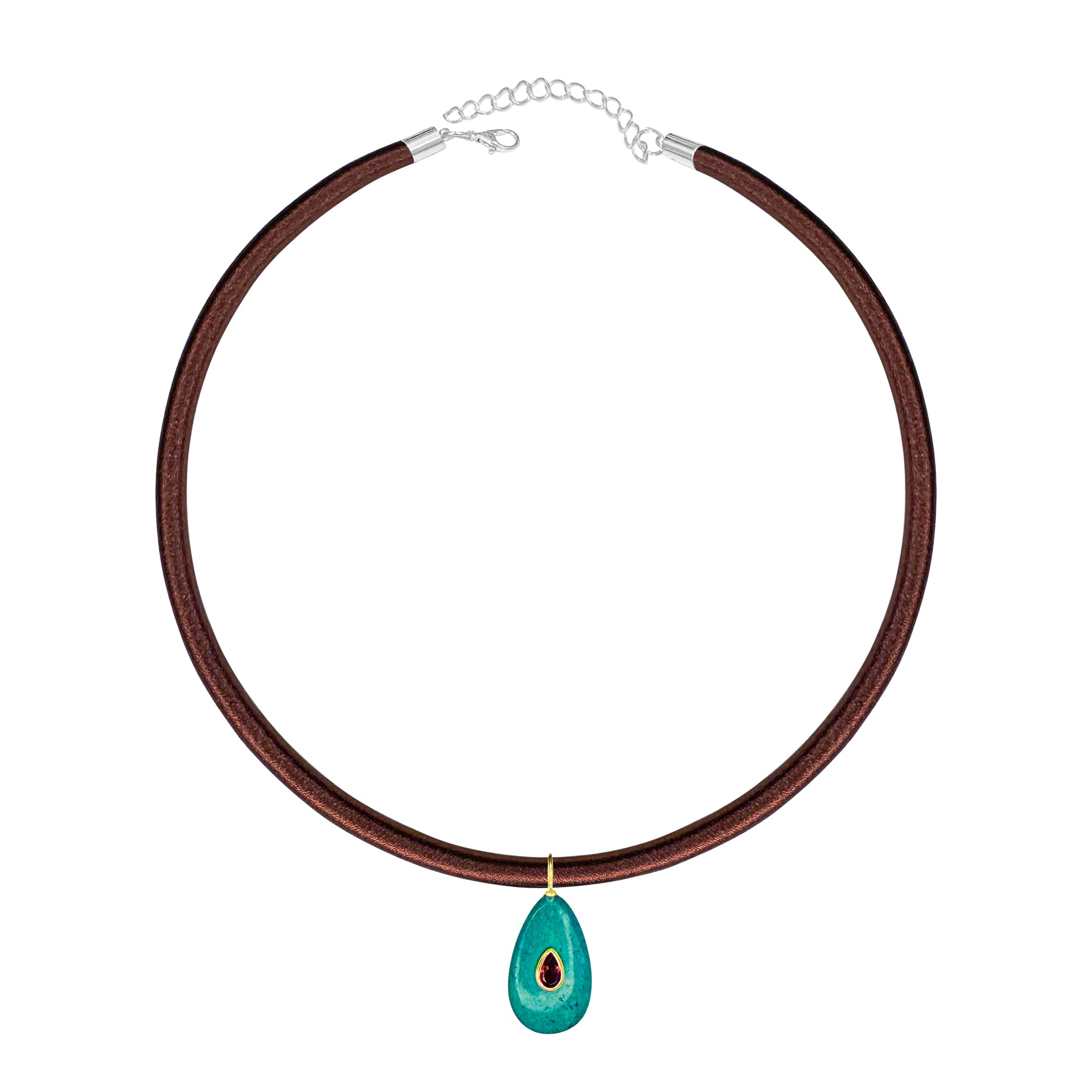Chocolate Brown Silk Cord Choker With Turquoise Pear Shape Charm