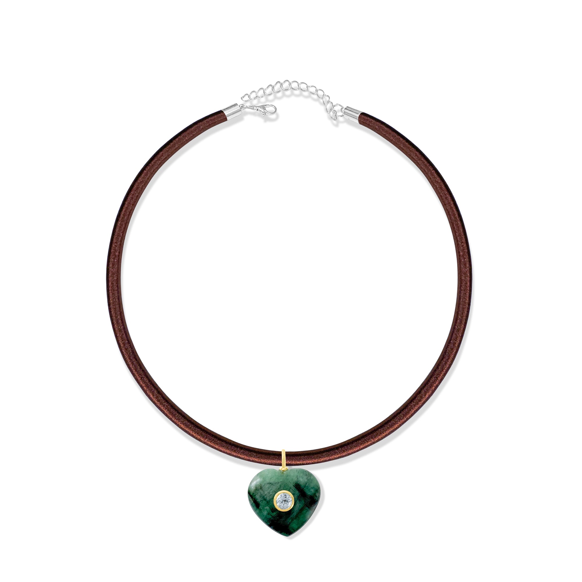 Chocolate Brown Silk Cord Choker With Malachite Heart Shape Charm
