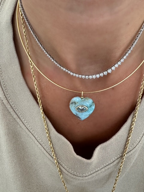 Textured Light Turquoise Heart Charm with Blue Topaz Inlay