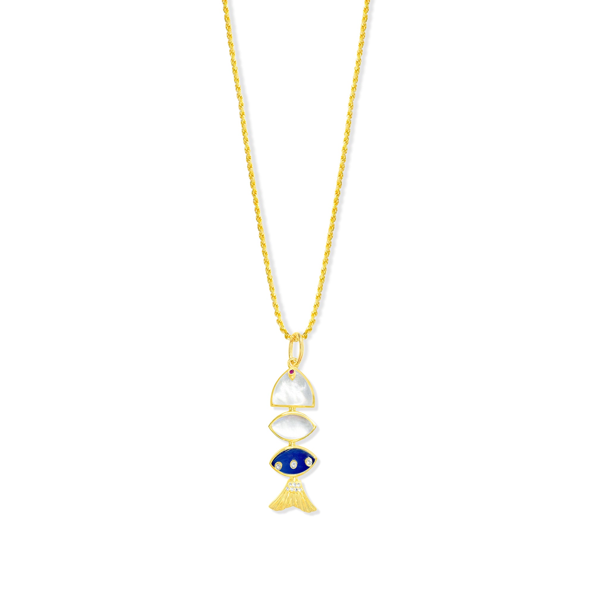 Prosperity Fish Rope Chain Necklace in Blue Chalcedony and Mother of Pearl