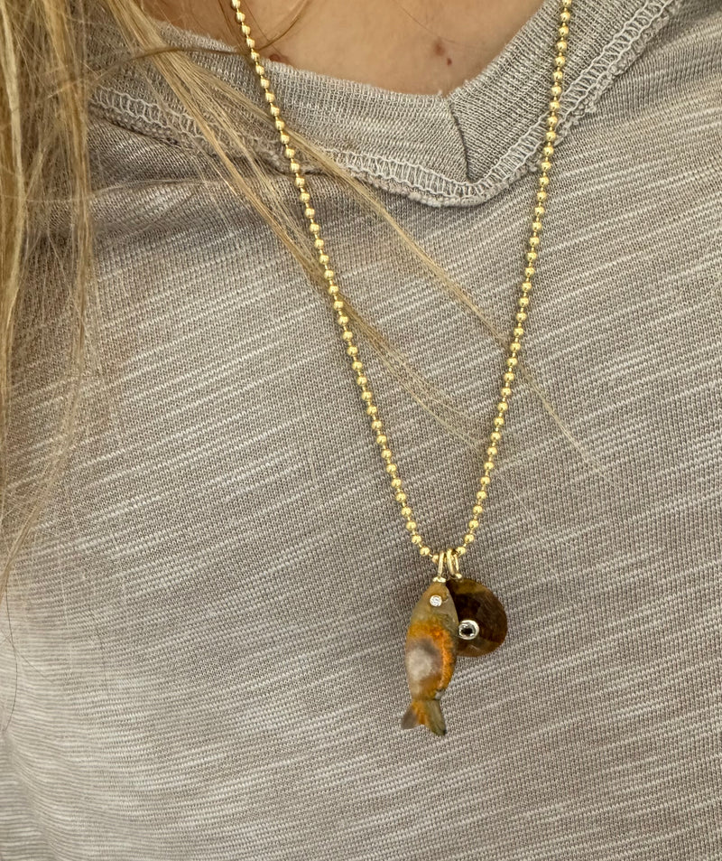 Jasper Fish and Tiger Eye Charm Necklace on Rope Chain