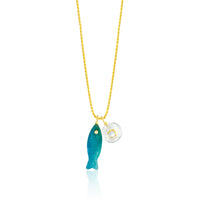 Milky Aqua Fish Charm Necklace on Rope Chain
