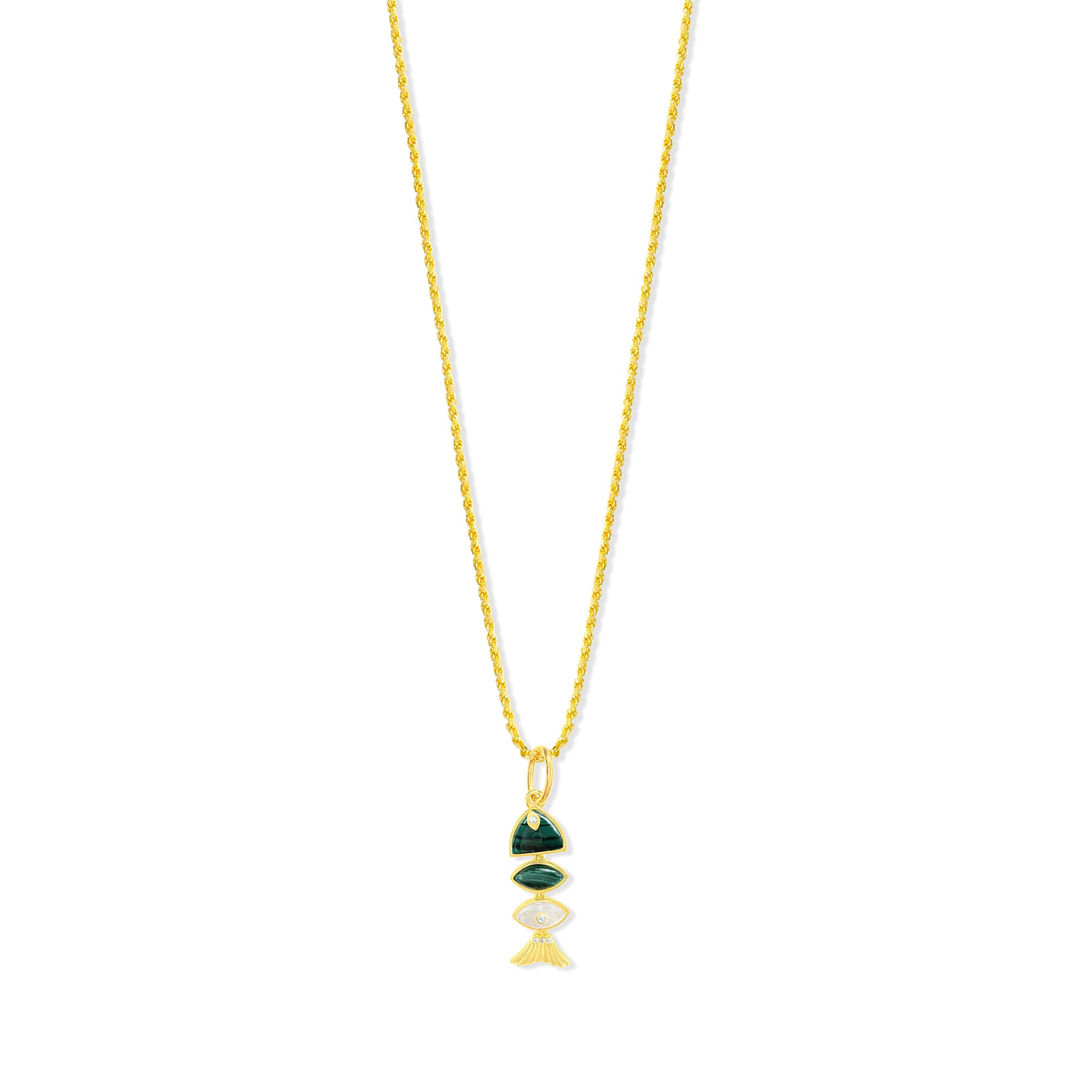 Small Prosperity Fish Rope Chain Necklace in Malachite & Rose Quartz