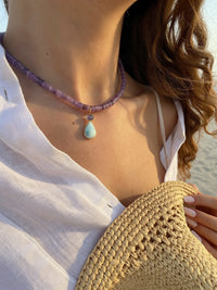 Amethyst Necklace with Larimar and Tanzanite Pendant
