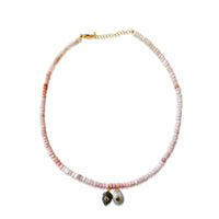 Pink Opal Beads with White Quartz and Labradorite carved charms
