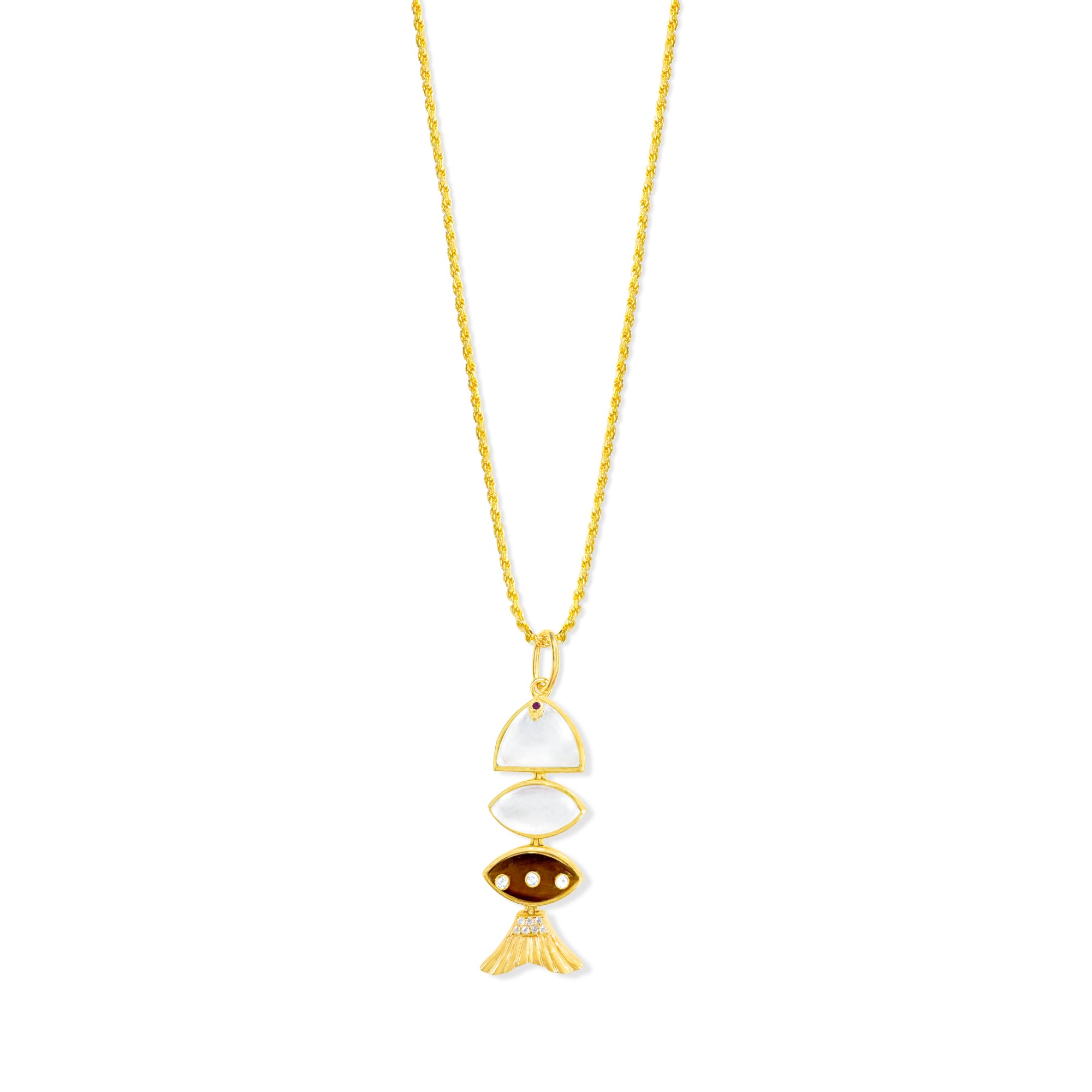 Prosperity Fish Rope Chain Necklace in Mother of Pearl & Tiger Eye