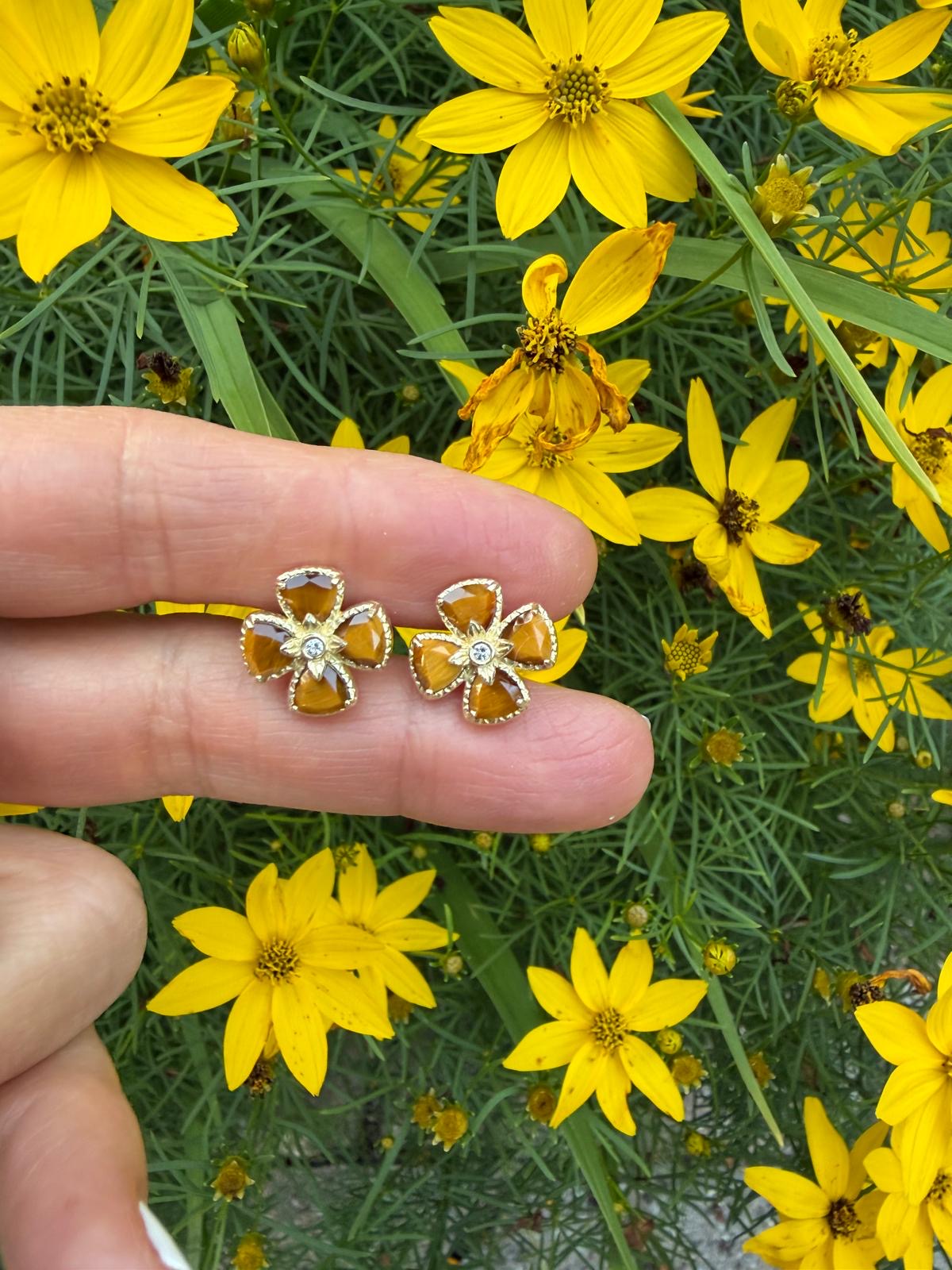 Tiger Eye Flower Stud Earrings