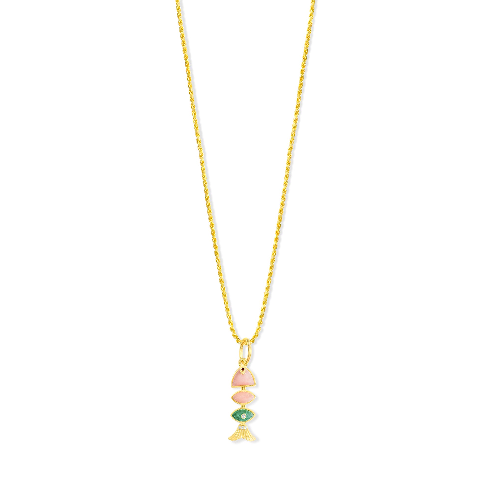 Small Prosperity Fish Rope Chain Necklace in Pink Opal and Amazonite