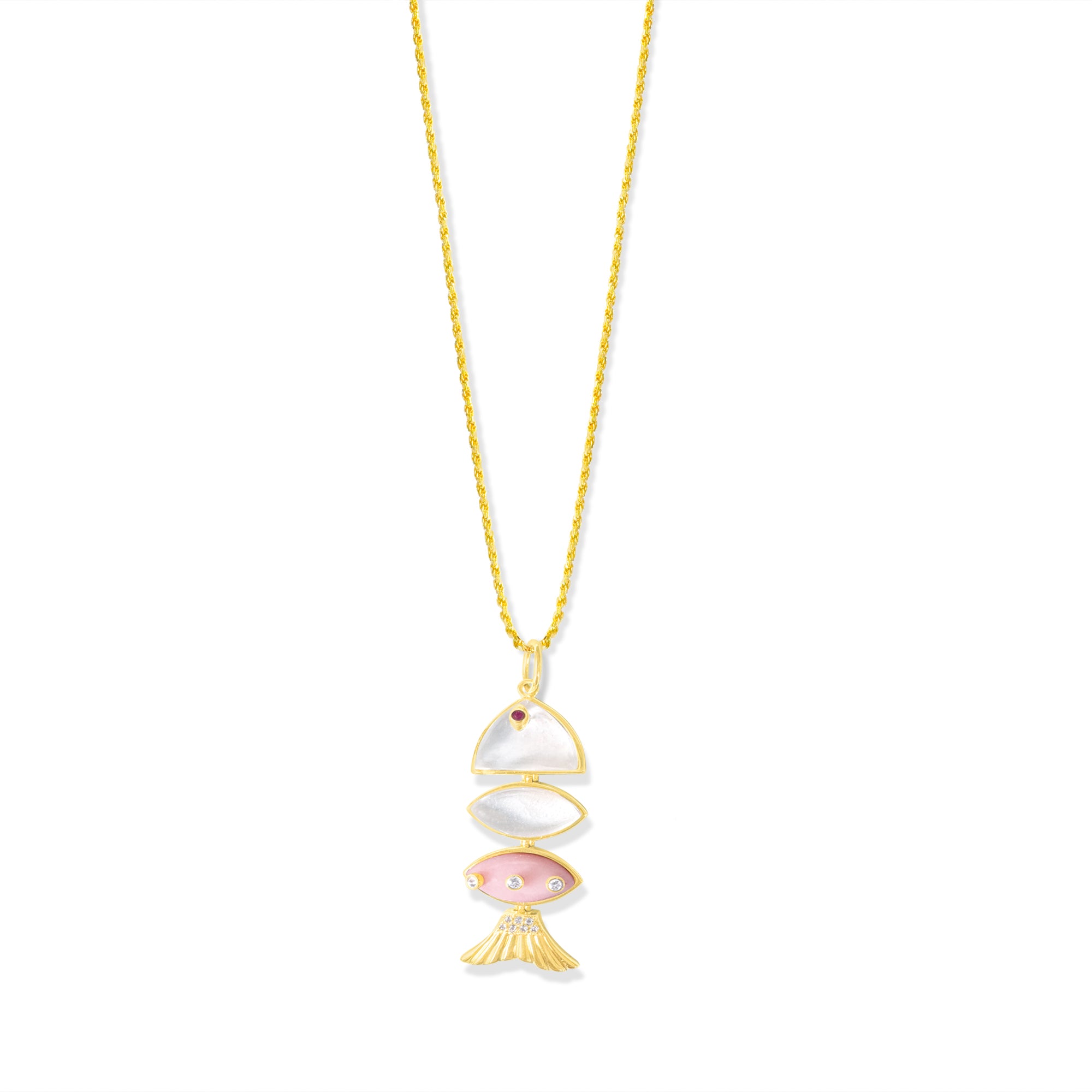 Prosperity Fish Rope Chain Necklace in Pink Opal and Mother of Pearl