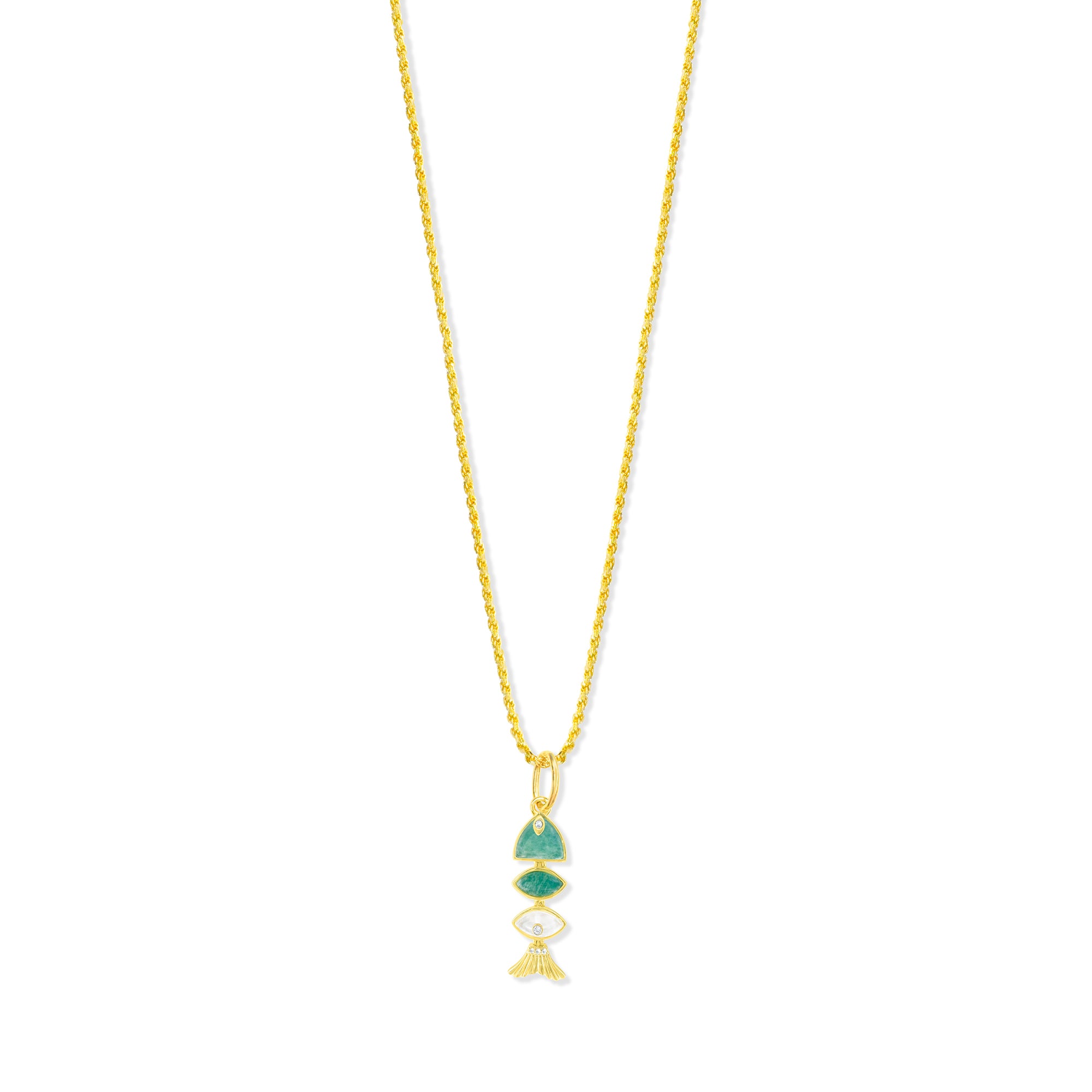Small Prosperity Fish Rope Chain Necklace in Amazonite & Mother of Pearl