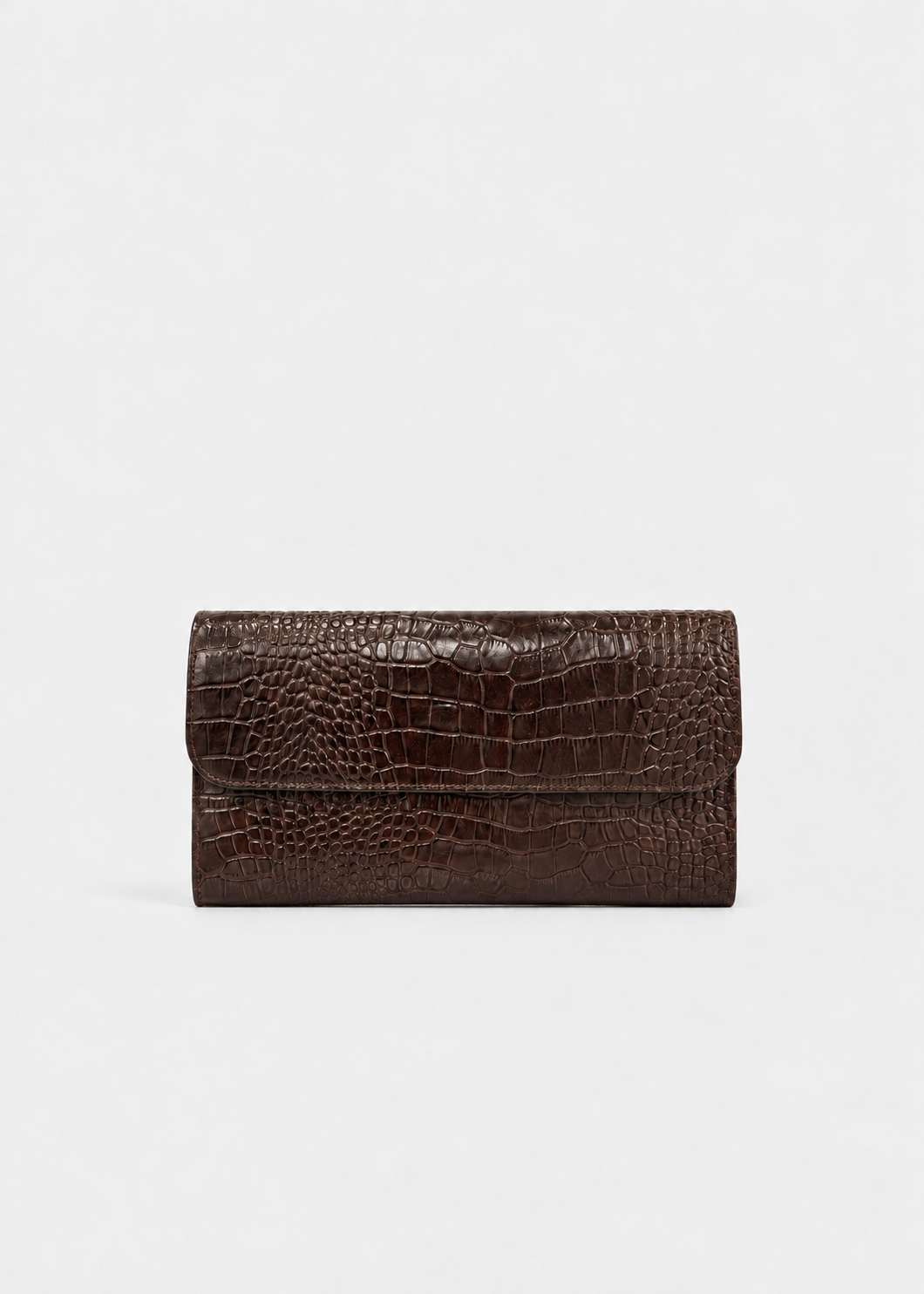 Kate Leather Croc-Embossed Elongated Clutch in Dark Brown