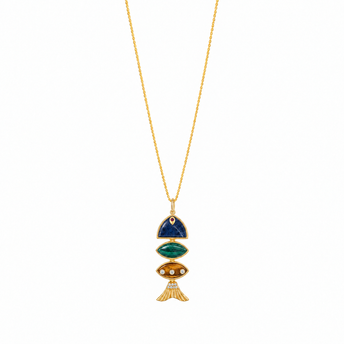 Prosperity Fish Rope Chain Necklace in Sodalite, Malachite and Tiger Eye