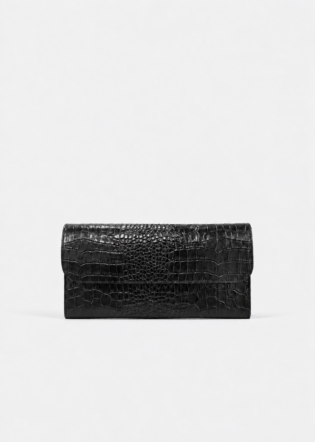 Kate Leather Croc-Embossed Elongated Clutch in Black