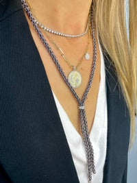 Black Silk Braided Y Necklace with White Gold Chain and CZ Heart
