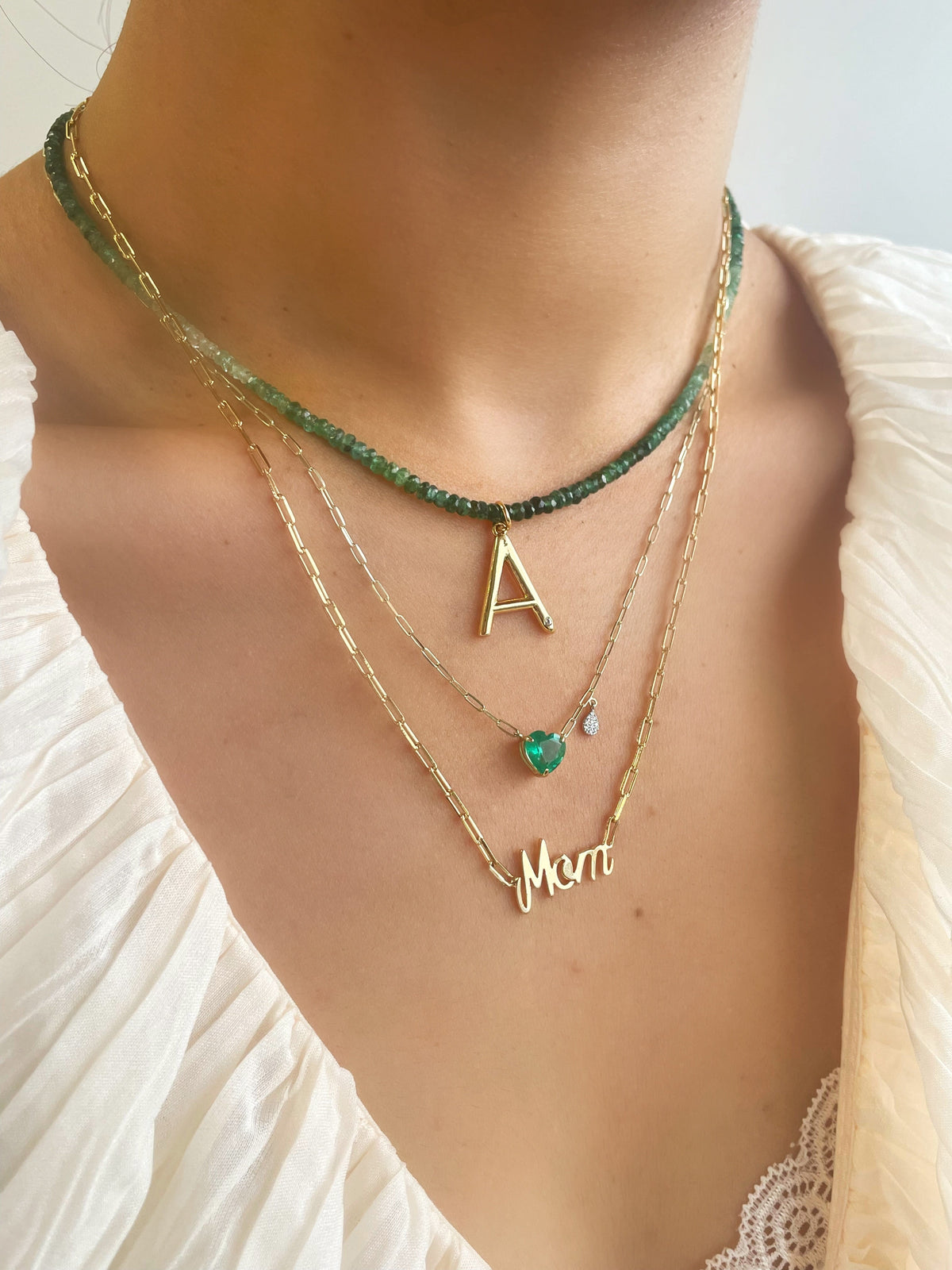 personalized initial ombre green emerald beaded necklace