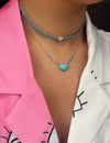 Turquoise Silk Braided Y Necklace with Rose Gold Chain and CZ Heart
