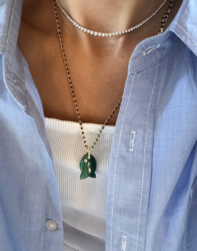 Malachite Fish Charm on Beaded Gold Plated Chain