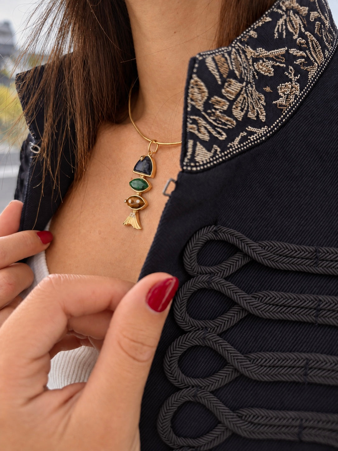 Prosperity Fish Charm in Sodalite, Malachite and Tiger Eye
