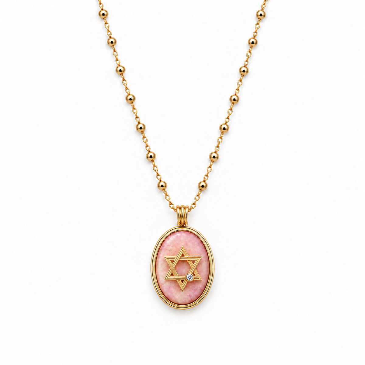 Retro Star of David on a Satellite Chain in Pink Opal