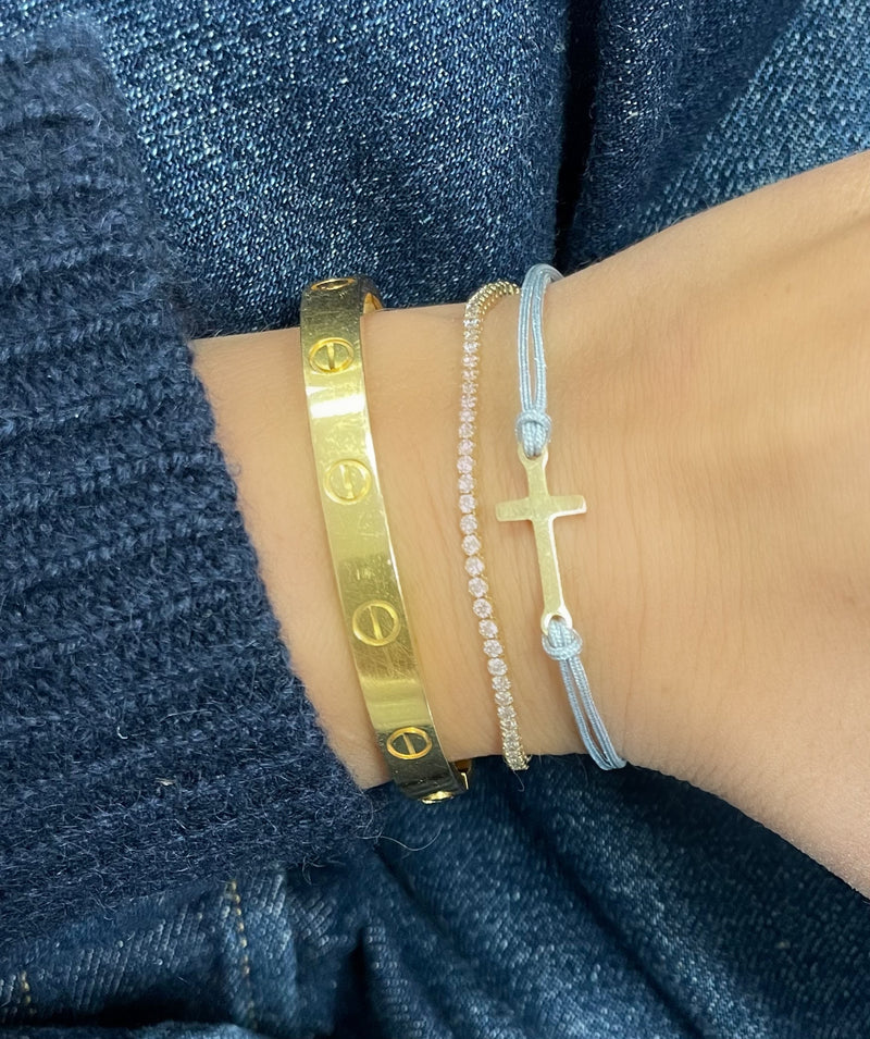 Dainty Gold Plated Cross Bracelet on Grey Chord