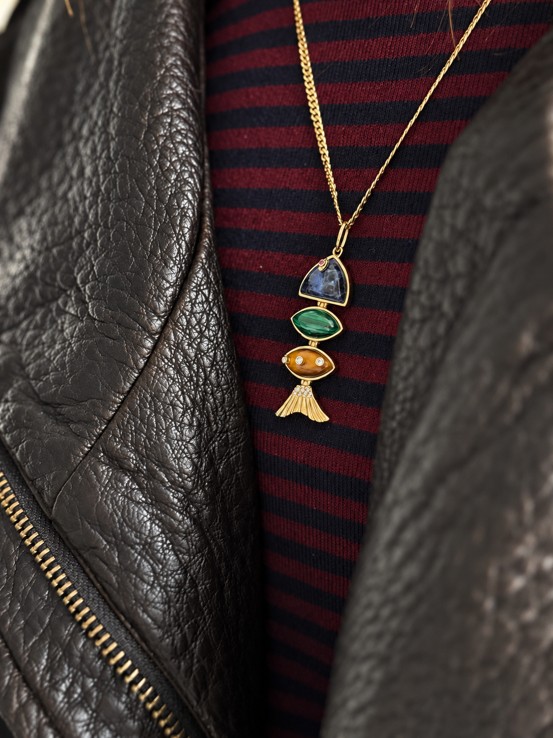 Prosperity Fish Rope Chain Necklace in Sodalite, Malachite and Tiger Eye
