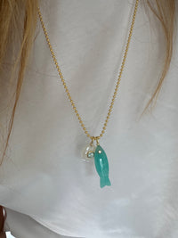 Milky Aqua Fish Charm Necklace on Rope Chain