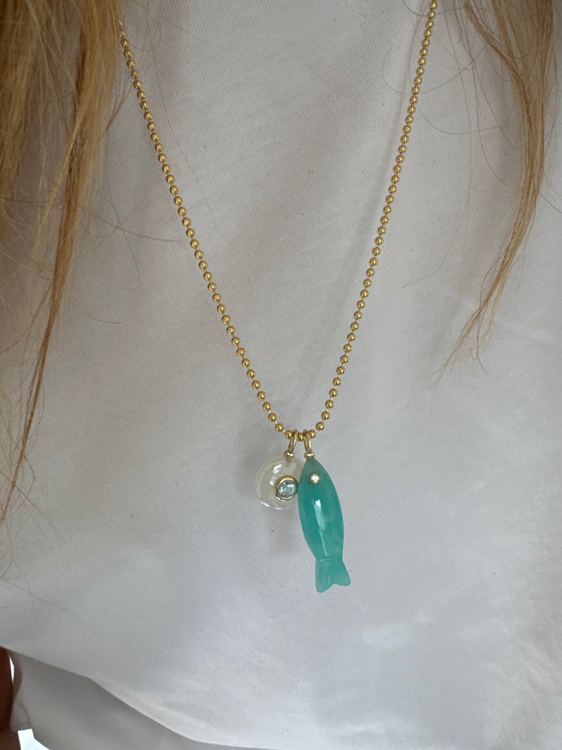 Milky Aqua Fish Charm Necklace on Rope Chain