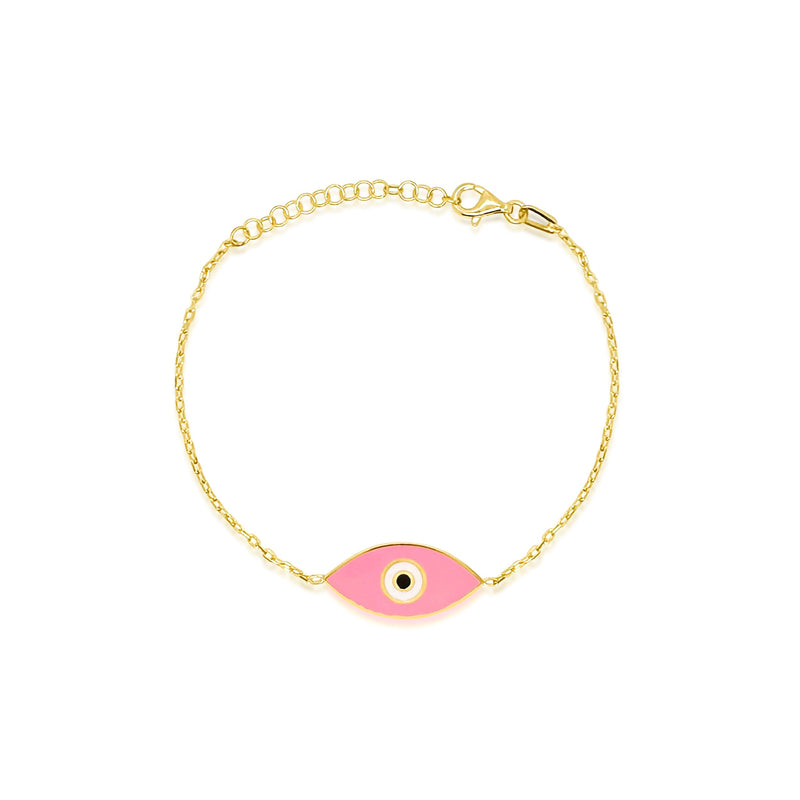 yellow gold and pink evil eye bracelet