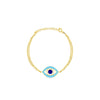 yellow gold double chained and light blue and navy evil eye bracelet