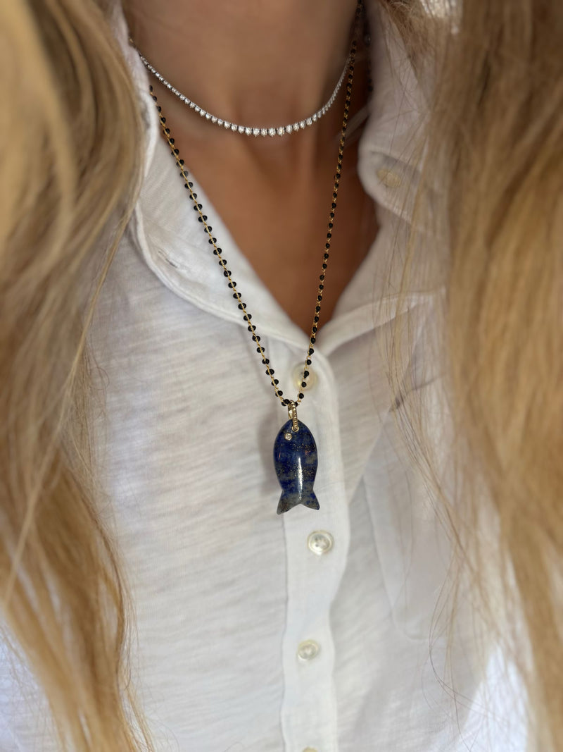 Lapis Fish Charm on Beaded Chain