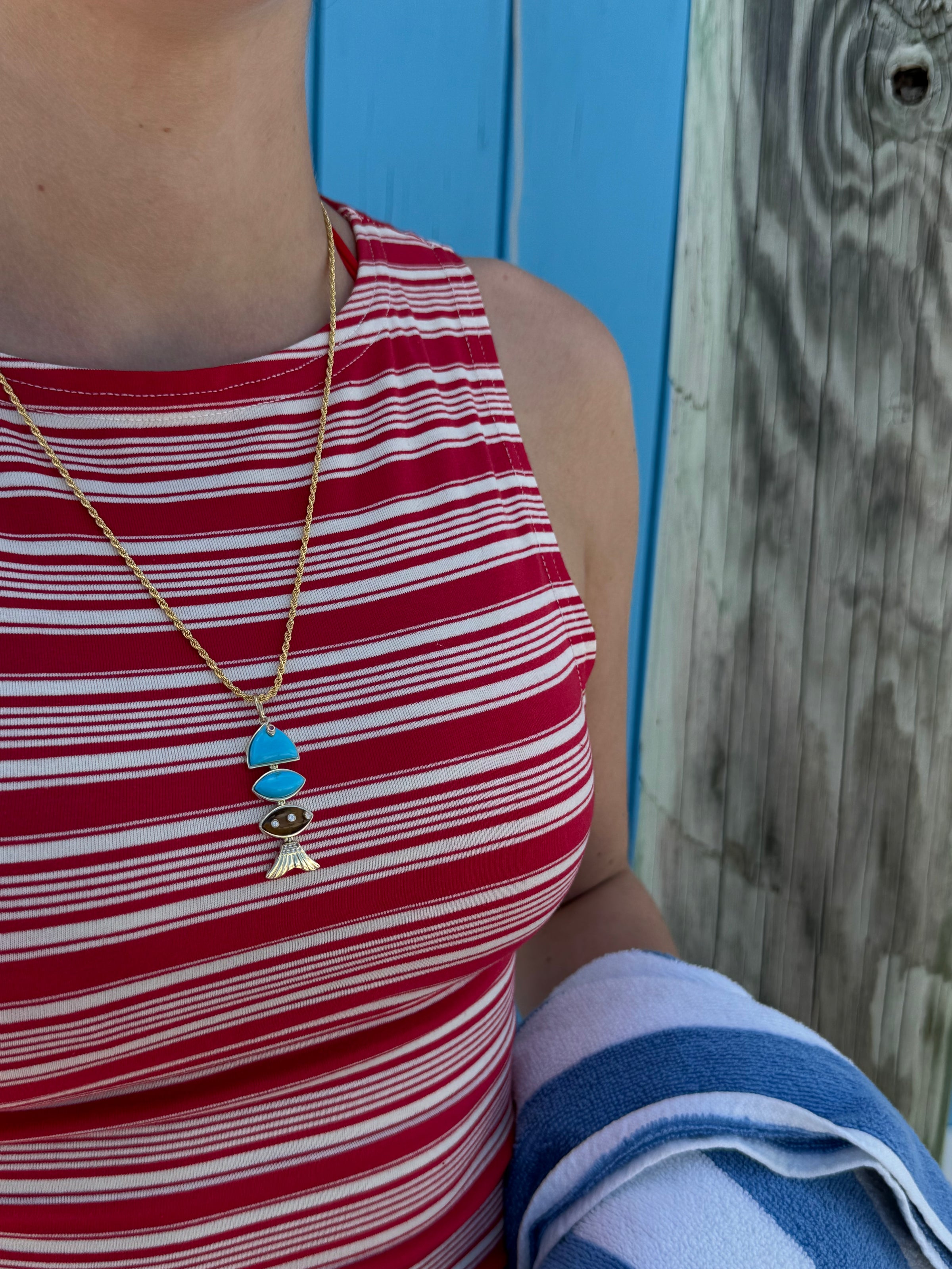 Prosperity Fish Rope Chain Necklace in Turquoise & Tiger Eye