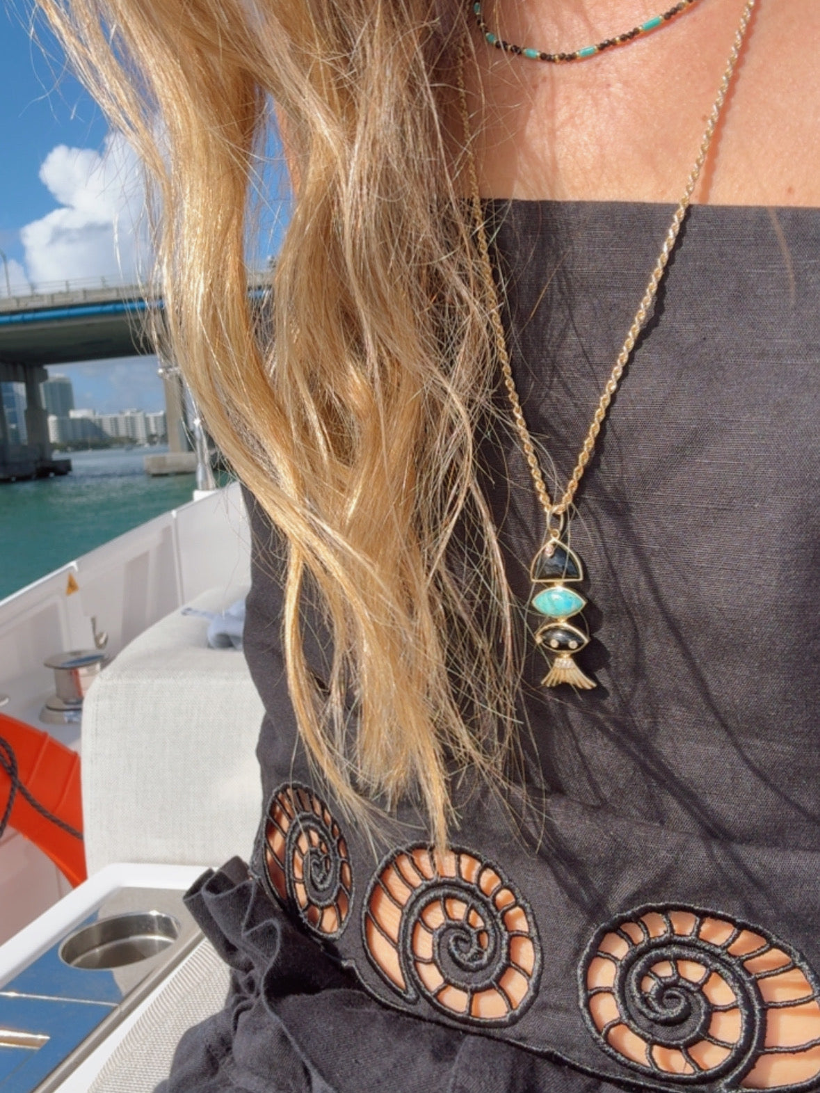 Prosperity Fish Charm in Turquoise & Black Onyx