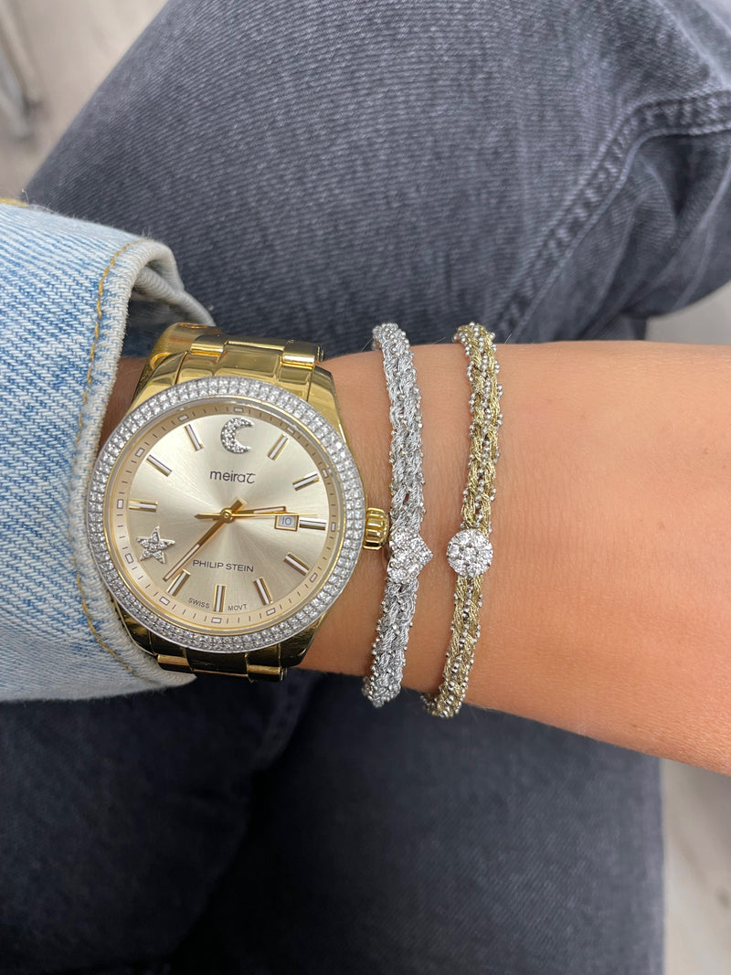 White Gold Braided Chain and Silver Silk Bracelet with CZ Heart