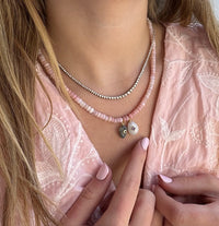 Pink Opal Beads with White Quartz and Labradorite carved charms