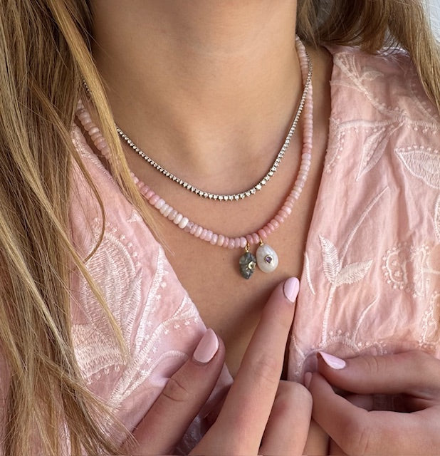 Pink Opal Beads with White Quartz and Labradorite carved charms