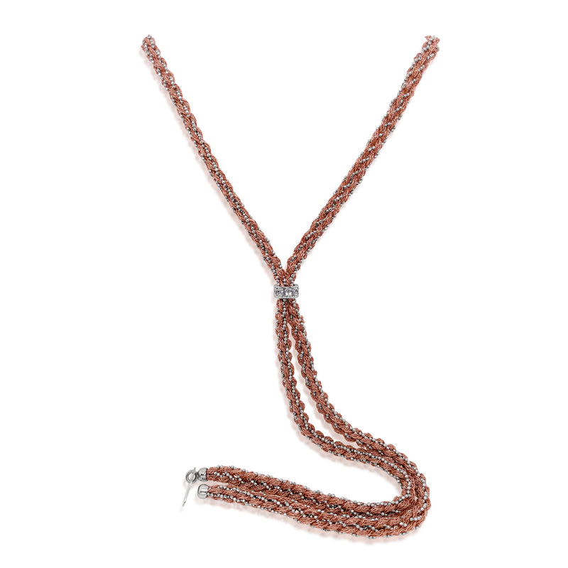 Rose Gold Silk Braided Y Necklace with White Gold Chain and CZ Heart
